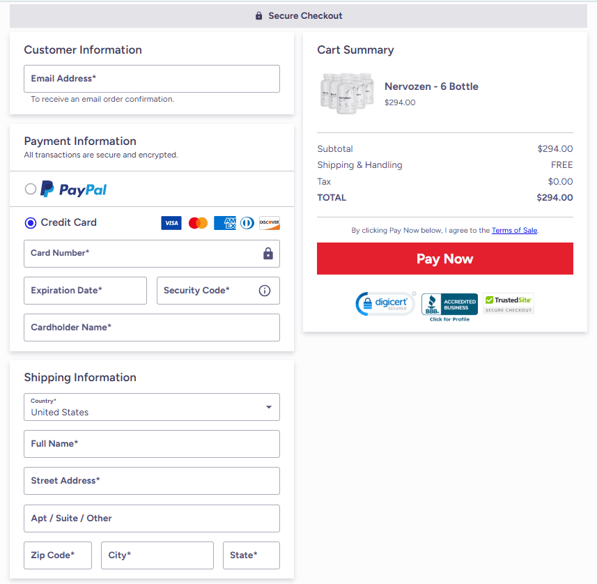 Nervozen Official Website Secure Order Page